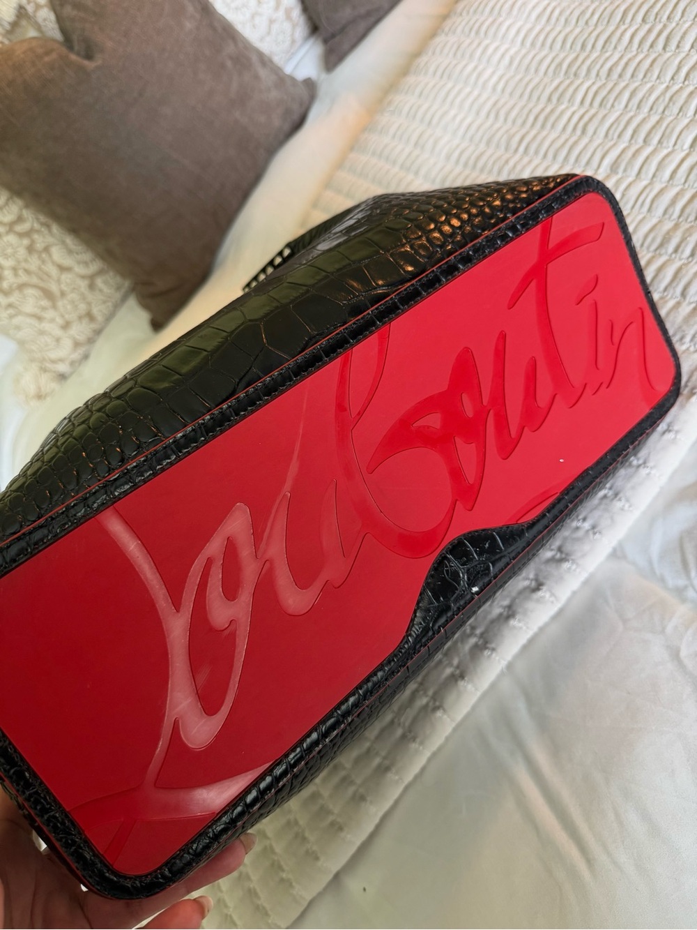 Christian Louboutin Black Croc-Embossed Wristlet with Red Logo Panel